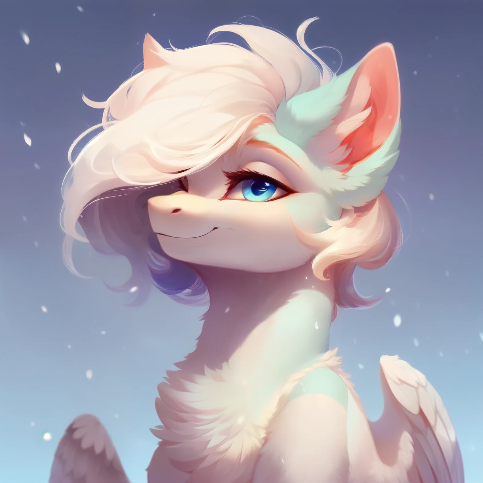 rating_safe, score_9, fluffy, feral pegasus pony,a male, has a very somewhat feminine face，very light  blue white  body, snow-white mane, mane half covering eyes, gentle and clear light blue eyes, gentle smile