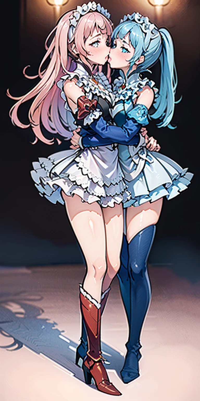 masterpiece, best quality, high quality, long hair, full body, def_effie, blue breastplate, white skin, looking at viewer, shiny, armor, thigh highs, high boots, shoulder armor, faulds, poleyn, gloves, gauntlets, (Felicia + Flora Maid outfit) 2girls together, standing next to each other, holding hands and hugging each other, french kiss, kiss