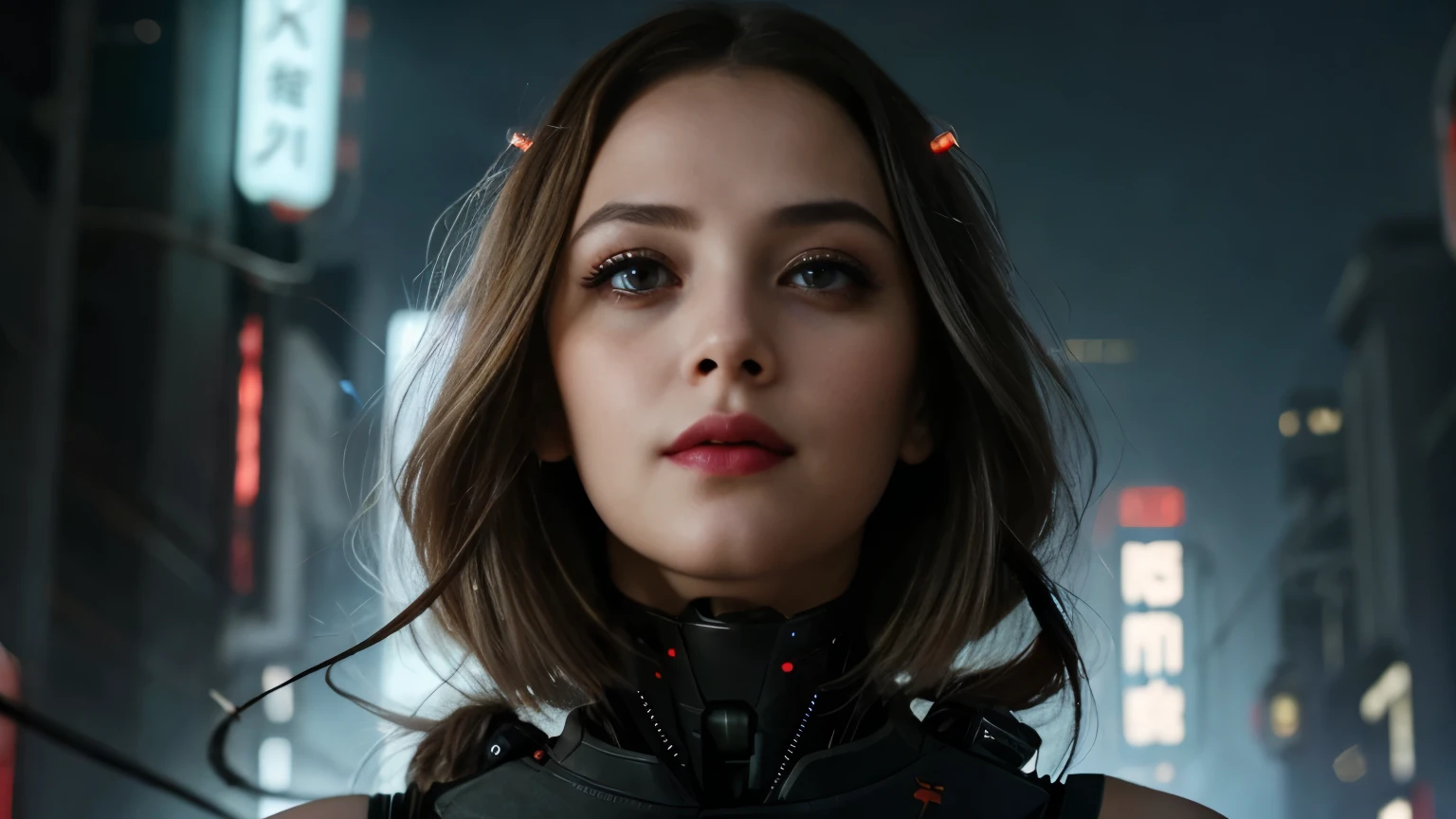 big eyes, proportional lips, red iris, female android, long silver tied hair, , villain, she is coming to you, up close, china town, lightning, bright eyes, wearing a cyber clothes, wires, leds, (up close:1.3) blade runner,  grin