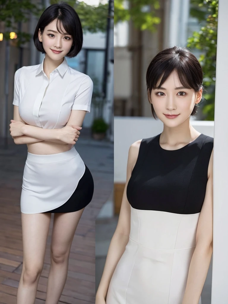 Highest quality、masterpiece、8k、Very detailed、Realistic、Looking at me with a smile、whole body、Black Hair、Short Hair、Small face、Slender、Big Breasts、Thin and beautiful legs、narrow and constricted waist,、(Police uniform:1.2)