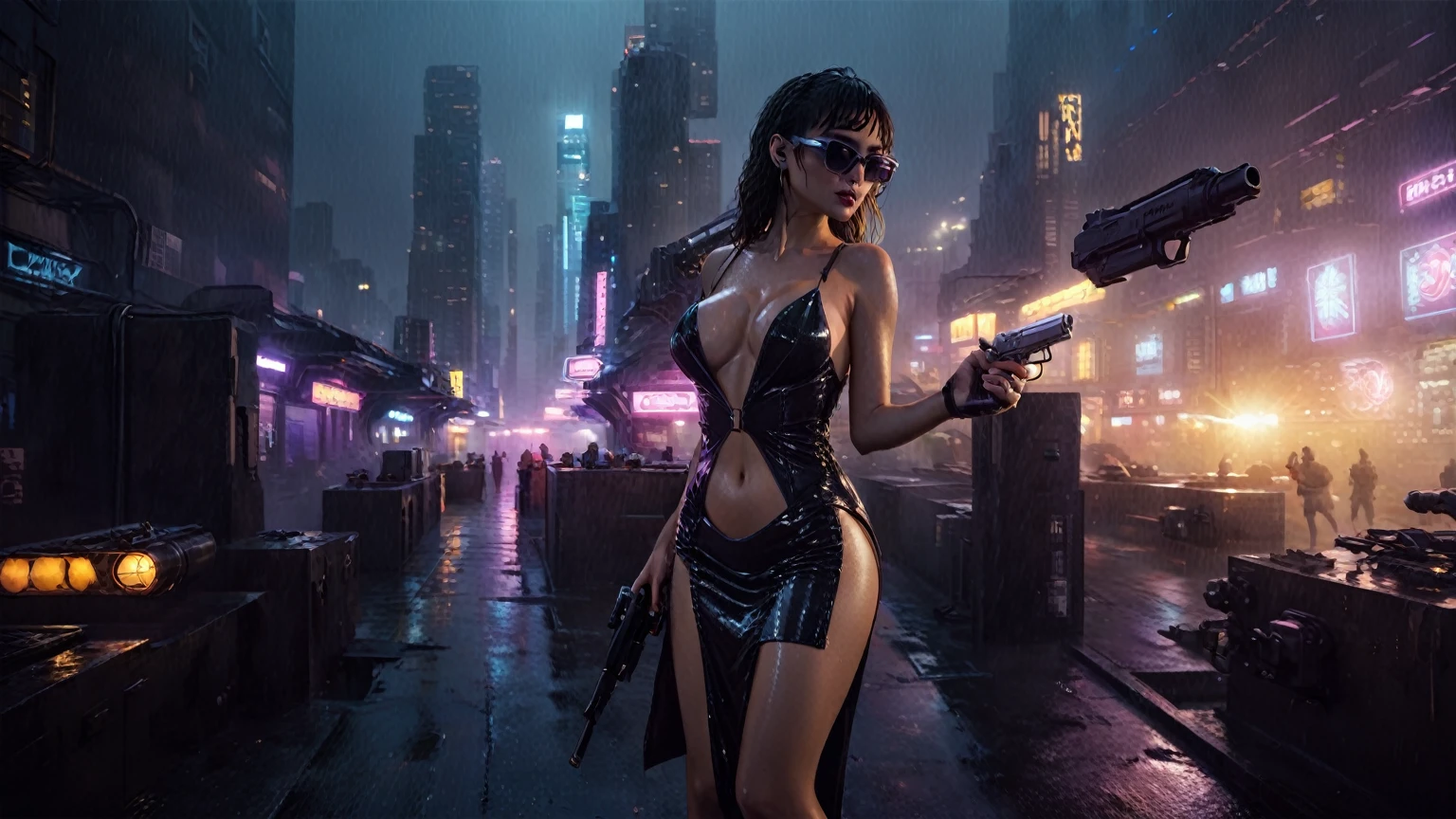 (((aerial view))), (flying cars docking platform), Blade Runner style futuristic city alley, neon lights, rainy night. (1girl, solo, alone), large-breast:1.2 slim body, cleavage:1.1, sexy wind blowing wet dress:1.4, headphone, (black sunglasses), (((she raised a pistol:1.8 and shot:1.8 the viewer))), dynamic pose, (((half-body thigh level medium shot))), cinematic lighting, lens flare, ray tracing, vortex blurred:1.4 background.
