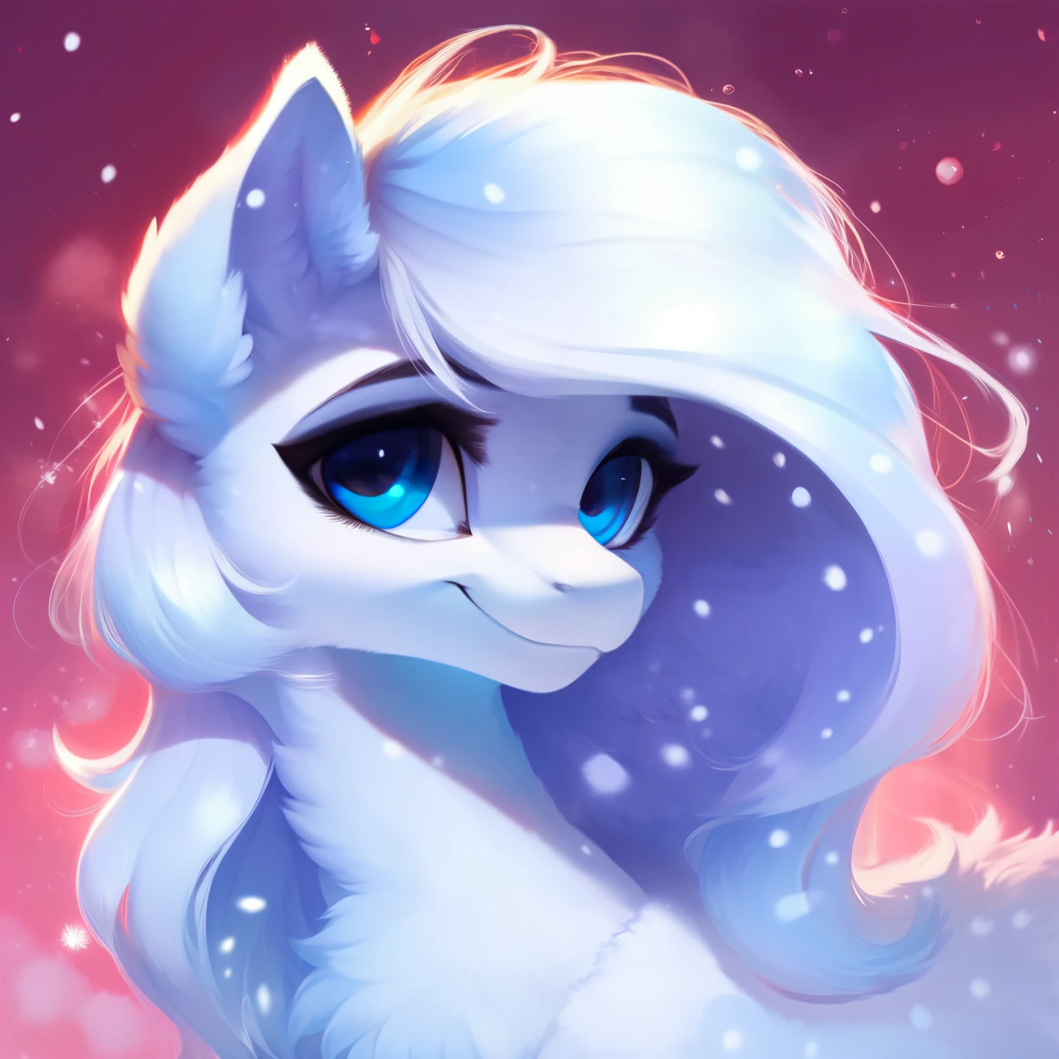 rating_safe, score_9, fluffy, feral pegasus pony,a male, has a very somewhat feminine face，very light  blue white  body, snow-white mane, mane half covering eyes, gentle and clear light blue eyes, gentle smile