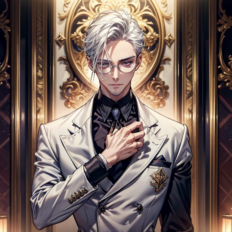 (expression: Gentle)、(Mouth: Smile)、(Eyes looking into the camera, uncle, middle aged male tall, masterpiece, best quality, lifelike, 1 boy, alone, male focus, looking at the audience, , (beard: Goatee), An attractive and refined man with white hair, dressed in a sleek white double-breasted suit jacket, purple tie with a blue double-breasted waistcoat, black leather gloves, and paired with purple eyes that seem to peer into one's soul, sportive glasses that add a scholarly touch to his demeanour. His tall and lean figure is both commanding and graceful, exuding an aura of professionalism and approachability. Despite his powerful psychological abilities, he remains ethical and uses his skills to help others. masterpiece, best quality, hyper-detailed, intricate detail, professional photography, matte, bright, the most beautiful ever seen, post processing, dramatic lighting, ambient lighting, epic composition, ultrawide shot, uplight, raytracing reflections, depth of field, gorgeous background