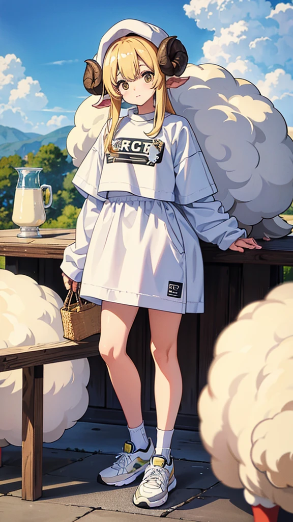 Sheep themed characters, Wearing big sneakers, サイバーパンク, Ram's horn, Keep the background simple, Magazine cover design, パステルピンクのイメージカラー, cloud hair, light smile, closed eyes, projected inset, UHD, highres, best quality, 8k