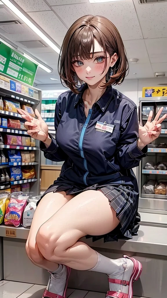 Looking at the audience, whole body,
1 girl, Japanese, high convenience store 混雑した店内、The cashier's expression is surprised、girl, (Long Hair:1.5), Let your hair flutter, (Half Up, Half Updo), bangs, Hair between the eyes, Huge breasts, No bra、Pink nipples、
Beautiful Hair, Beautiful Face, Fine and beautiful eyes, Beautiful clavicle, Beautiful body, Beautiful breasts, Beautiful thighs, Beautiful legs, Beautiful fingers, Beautiful breasts,
(Beautiful views), , convenience store, Grey plaid pleated skirt, Blue checked bow tie)), White panties,
(squat, , Lift up the skirt, Grab the hem of your skirt, please put your hand on your chest, Place your hands between your legs),
blush, ,Men with erections around