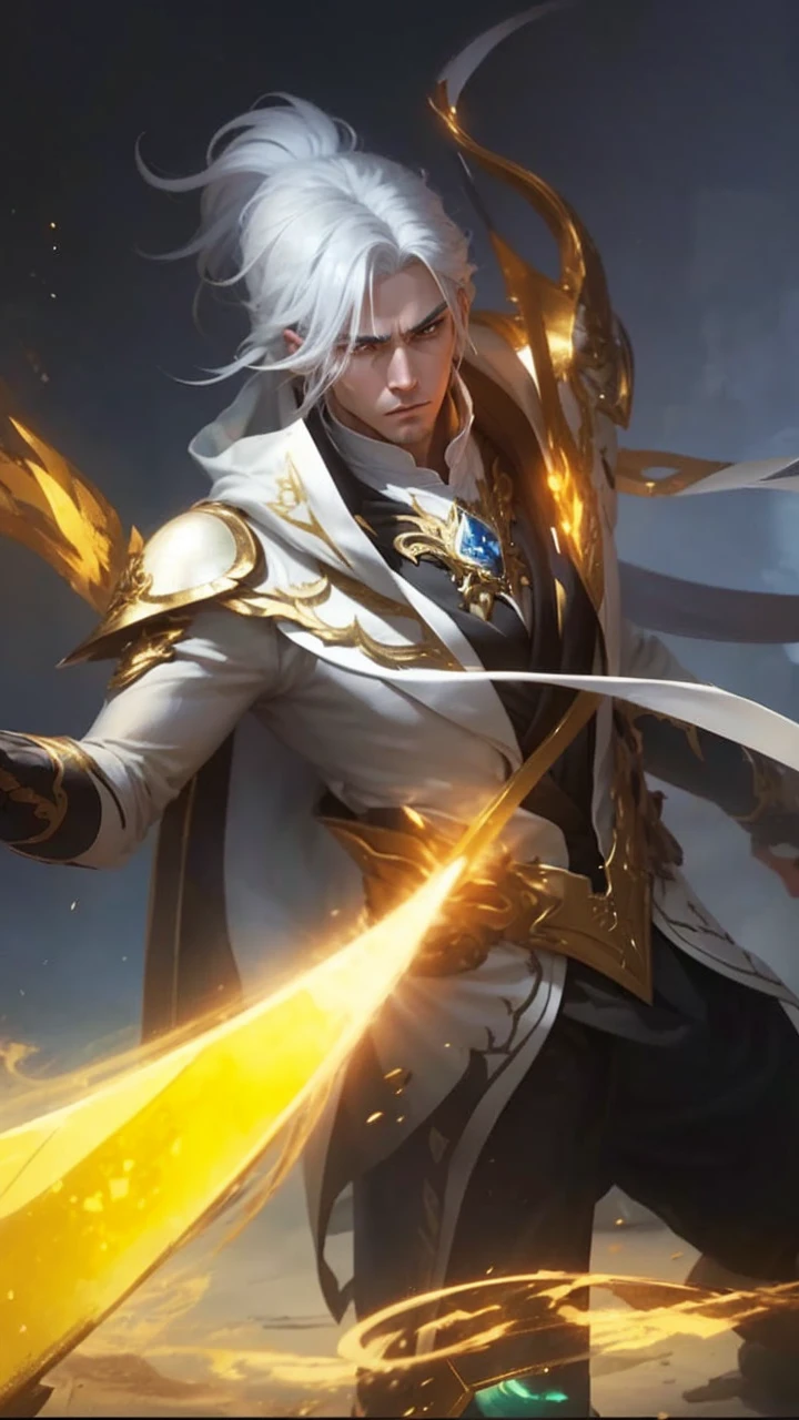 The picture shows the character of a handsome man with white hair, dressed in white and gold, holding a golden sword. She was surrounded by a magical aura and had an expression full of grace.