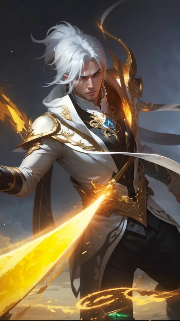 The picture shows the character of a handsome man with white hair, dressed in white and gold, holding a golden sword. She was surrounded by a magical aura and had an expression full of grace.