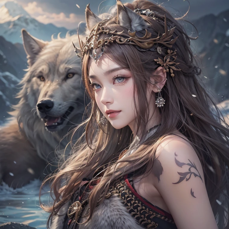 Lakeside surrounded by snowy mountains、Hair Flow、 ((Highest quality、masterpiece、8k、Best image quality、Ultra-high resolution、Award-winning works)、(Accurate anatomy:1.1)、(Look at me and smile:1.1)、Shining fair skin with Ultra-high resolution、The most detailed face、Ultra-high resolution detailed face、Ultra-high resolutionの髪の毛、(Ultra-high resolutionの煌めく瞳:1.1)、Beautiful face drawn in every detail、Ancient Viking clothing, Chest to chest, tattoo, A real wolf is by your side