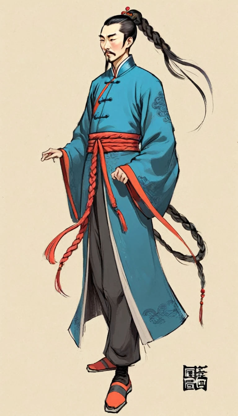 (((Exaggerated digital character sketches:1.37))).(China-Qing Dynasty Prince-Long Braid),(Black sketch lines,Loose brushstrokes create the outline,Cartoon Style. Bright colors and simplified lines, sketch)。(Exaggerated body movements,Long legs),(fear)