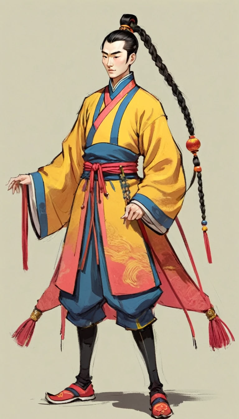 (((Exaggerated digital character sketches:1.37))).(China-Qing Dynasty Prince-Long Braid),(Black sketch lines,Loose brushstrokes create the outline,Cartoon Style. Bright colors and simplified lines, sketch)。(Exaggerated body movements,Long legs),(fear)