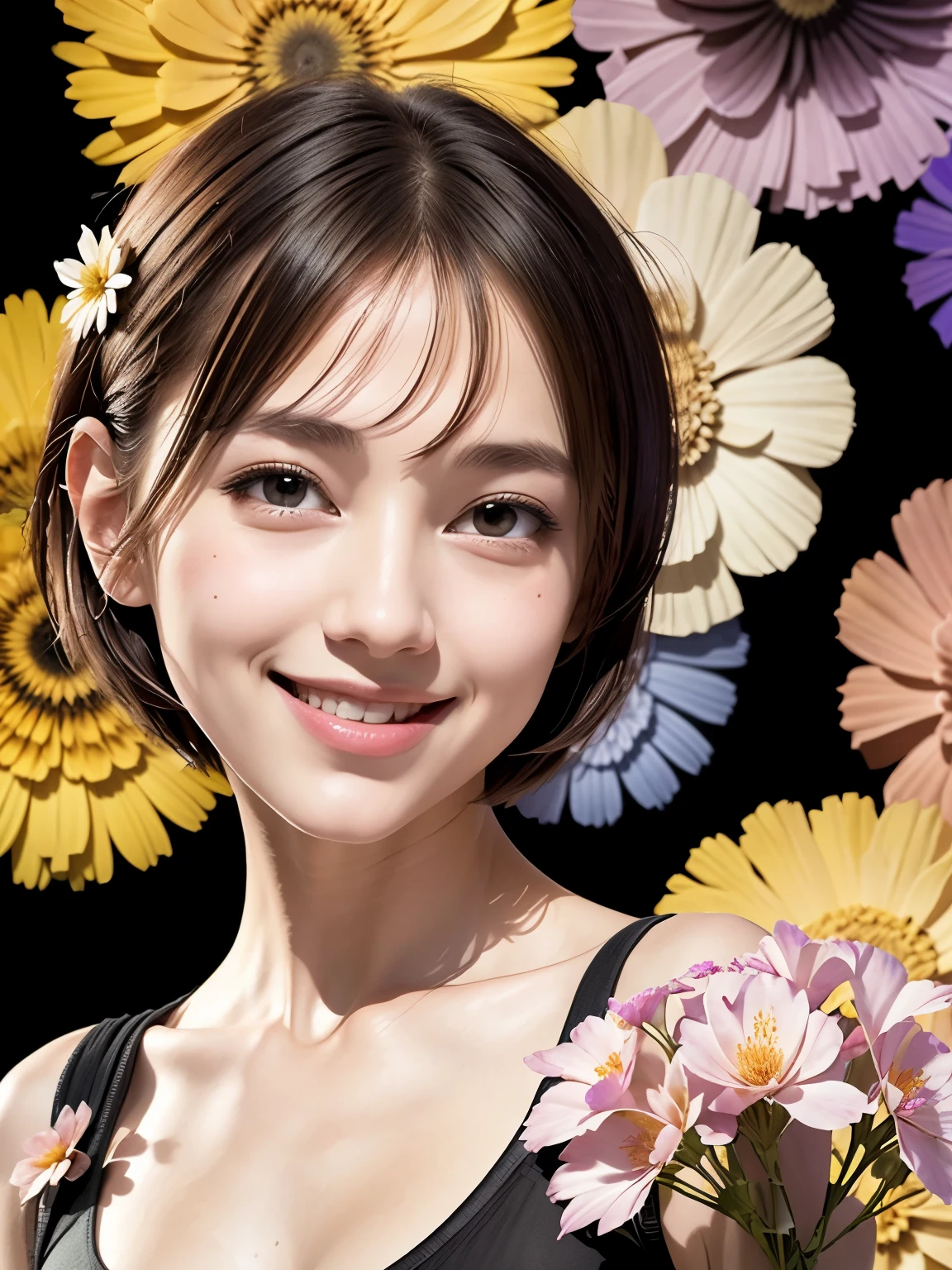 257 20-year-old female, (short hair),(Abstract background,Fractal Art), smile, flower
