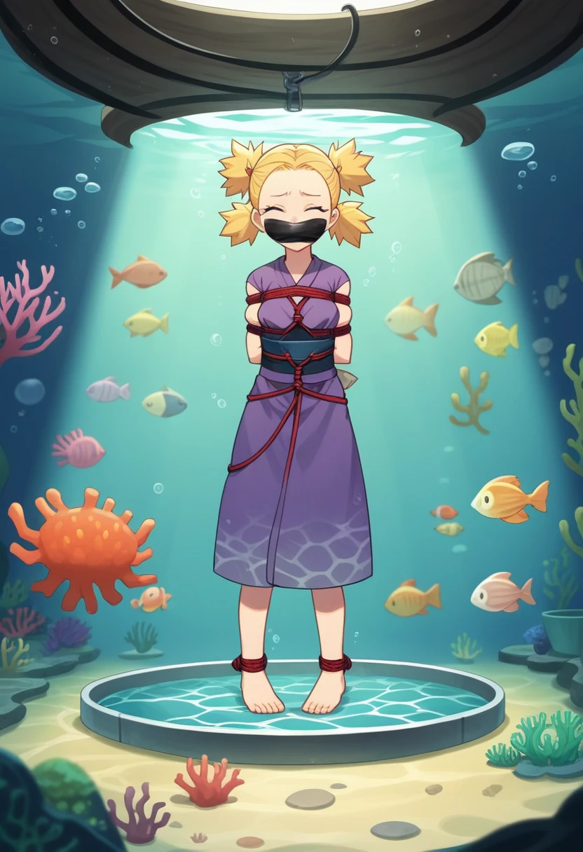 score_9, score_8_up, score_7_up, score_6_up, score_5_up, score_4_up, BREAK, source_anime, ytemari, 1girl, blonde hair, quad tails, blue eyes, fishnets, purple garment, sash, solo, simple background, anime screencap, anime coloring, cloth gagged, underwater background, shibari, hands behind back, eyes closed, subjects standing in a bucket, show full body, underwater background, coral reef, standing in a bucket, face turning blue from oxygen depravation, looking above, tied up with tape and rope