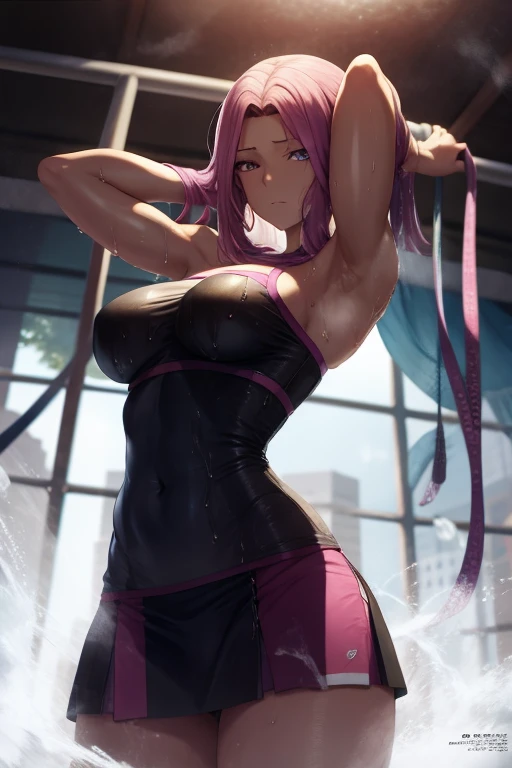 masterpiece,best quality,high resolution,8k,ultra HD,wallpaper,illustration,beautiful detailed eyes,perfect face,cowboy shot,beautiful detailed eyes,extremely detailed face,perfect lighting,extremely detailed CG,perfect hands,perfect anatomy,perfect body,perfect hands,perfect fingers,1woman,full body,megami magazine,(muscle fighter:1.1),purple medium hair,(purple eyes:1.3),(large breasts:1.3),(Medium ass:1.2),,black tube top,black medium skirt ,nsfw,looking at viewer,sexy look pose,cameltoe,Steam,Wet,sweat,town,