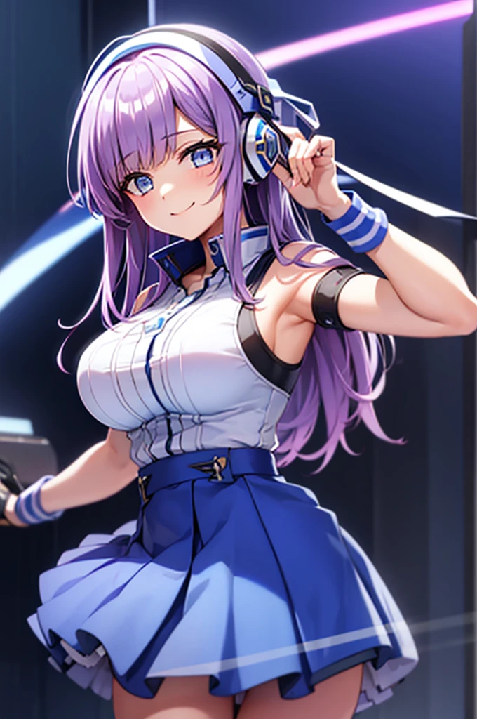 mecha wings、Blue Skirt、Accentuated thighs、chest、Light purple hair、1 girl、solo girl、IS、Frame Arms Girl、Alice Gere Aegis、White Armor、Pink Line、income、headphone、hand on own chest、smile、Miike Naeko,One girl,alone,police,police ユニフォーム,police woman