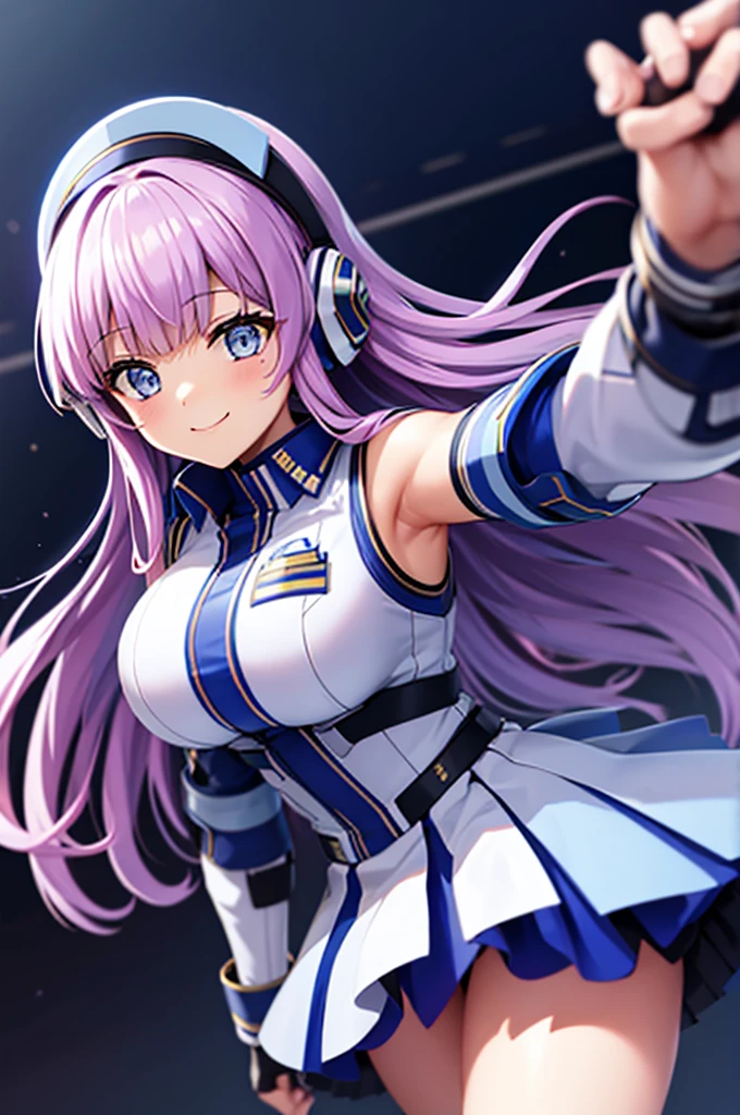 mecha wings、Blue Skirt、Accentuated thighs、chest、Light purple hair、1 girl、solo girl、IS、Frame Arms Girl、Alice Gere Aegis、White Armor、Pink Line、income、headphone、hand on own chest、smile、Miike Naeko,One girl,alone,police,police ユニフォーム,police woman