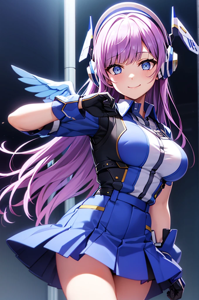 mecha wings、Blue Skirt、Accentuated thighs、chest、Light purple hair、1 girl、solo girl、IS、Frame Arms Girl、Alice Gere Aegis、White Armor、Pink Line、income、headphone、hand on own chest、smile、Miike Naeko,One girl,alone,police,police ユニフォーム,police woman