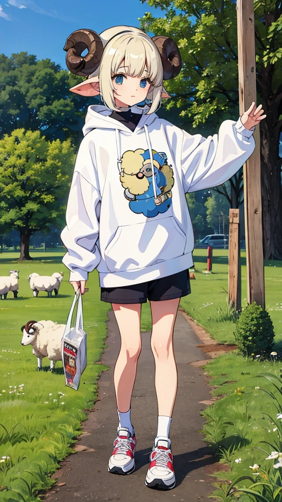 Sheep themed characters, Wearing big sneakers, サイバーパンク, Ram's horn, Keep the background simple, Magazine cover design, パステルピンクのイメージカラー, cloud hair, light smile, closed eyes, projected inset, UHD, highres, best quality, 8k