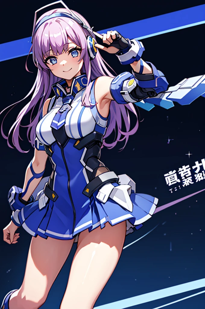 mecha wings、Blue Skirt、Accentuated thighs、chest、Light purple hair、1 girl、solo girl、IS、Frame Arms Girl、Alice Gere Aegis、White Armor、Pink Line、income、headphone、hand on own chest、smile、Miike Naeko,One girl,alone,police,police ユニフォーム,police woman