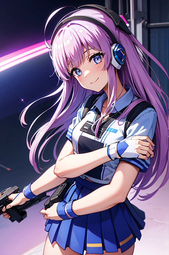 mecha wings、Blue Skirt、Accentuated thighs、chest、Light purple hair、1 girl、solo girl、IS、Frame Arms Girl、Alice Gere Aegis、White Armor、Pink Line、income、headphone、hand on own chest、smile、Miike Naeko,One girl,alone,police,police ユニフォーム,police woman