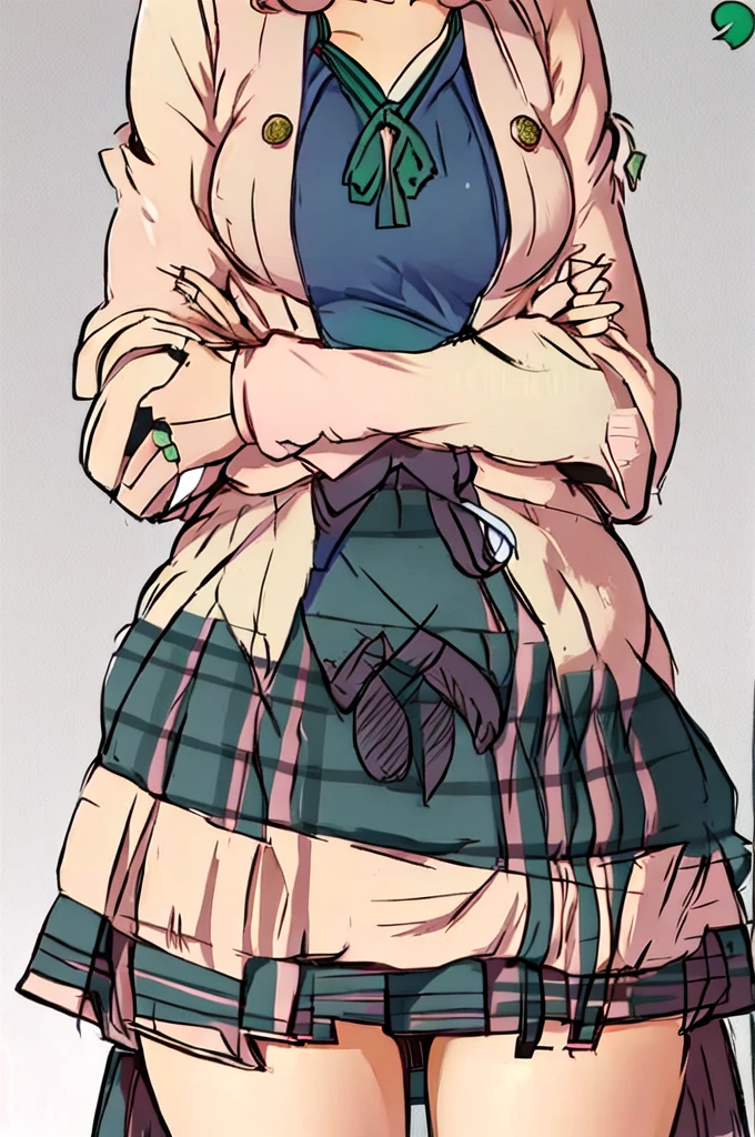 Highest quality, masterpiece, High resolution, alone, {Mount Hiei_Fleet Collection:1.15}, オレンジ色hair, hairband, headgear, Non-traditional_Shrine maiden, smile, green_eye, Inverted up_hair, smile, One Girl, dependent_sleeve, green_skirt, Plaid, Plaid_skirt, ribbon-trimmed_sleeve, ribbon_trim, skirt, Office Background,