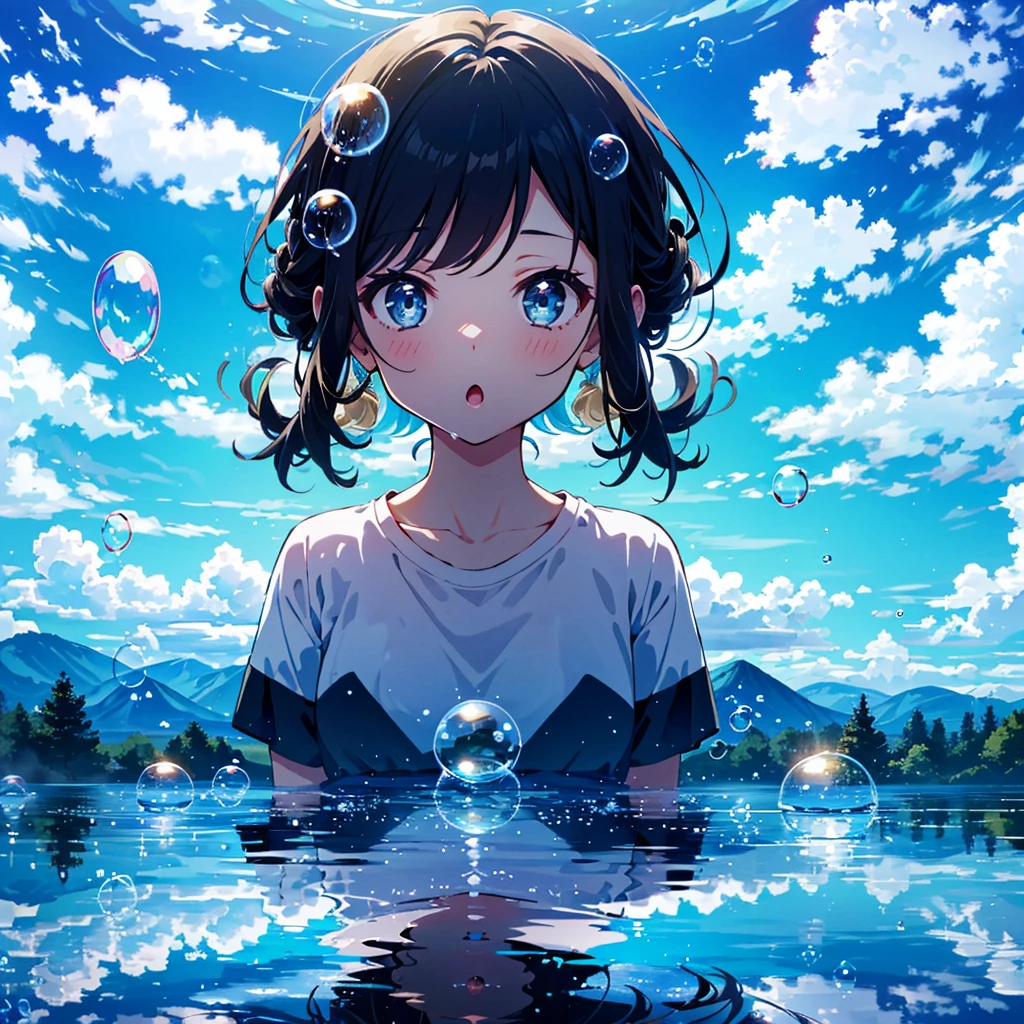 Top quality, very beautiful, absurd, summer, cloudy sky, (reflection, girl reflected in bubbles: 1.2), mirroring,
1 girl, solo, (blow bubbles: 1.1), soap bubbles, look at the viewer, :o,
Cute hairstyles, T-shirts,
clear eyes, 