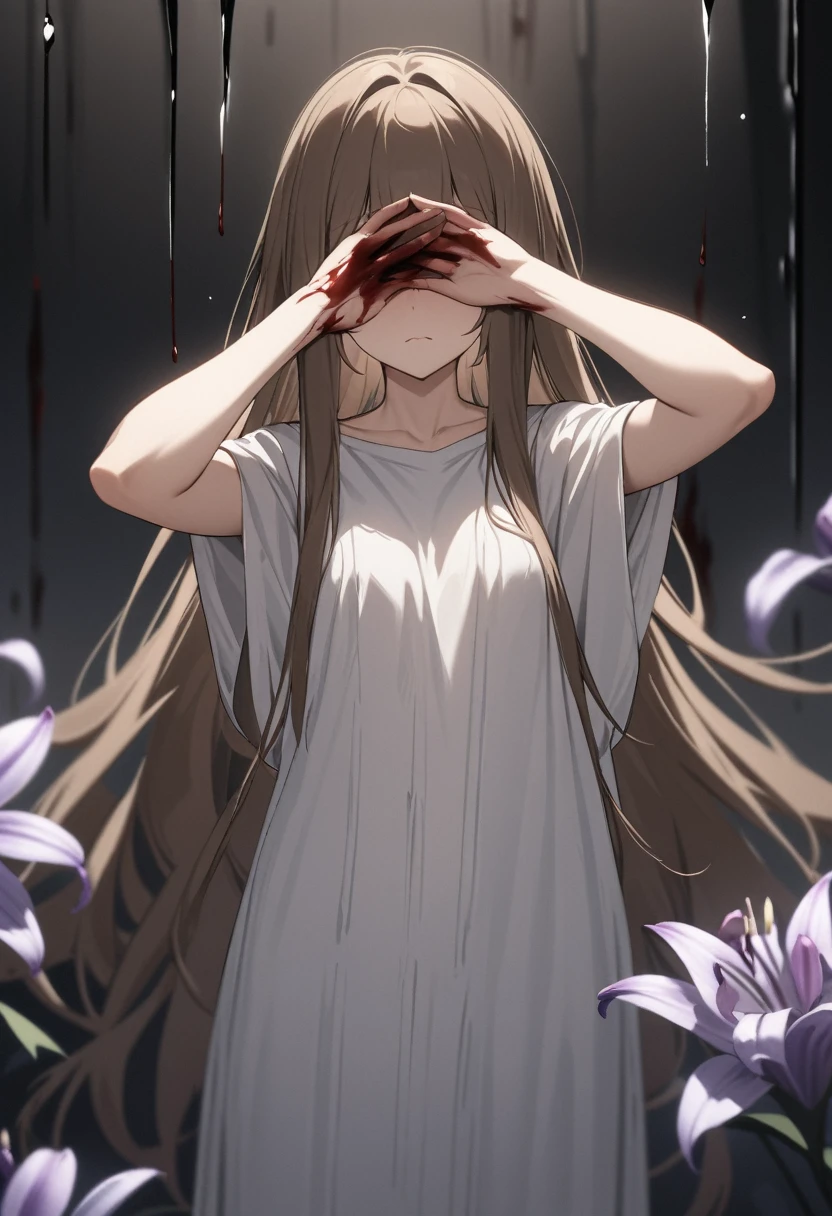 ((Best quality, masterpiece, blood on hands)), young woman with very long brown with white strands, long bangs that curl, brown eyes, hands over eyes, eyes closed, sad, glass shattering effect, black wall covered in blood, purple Lilly flowers, depth of field, baggy oversized linen dress, small breasts, toned arms, 