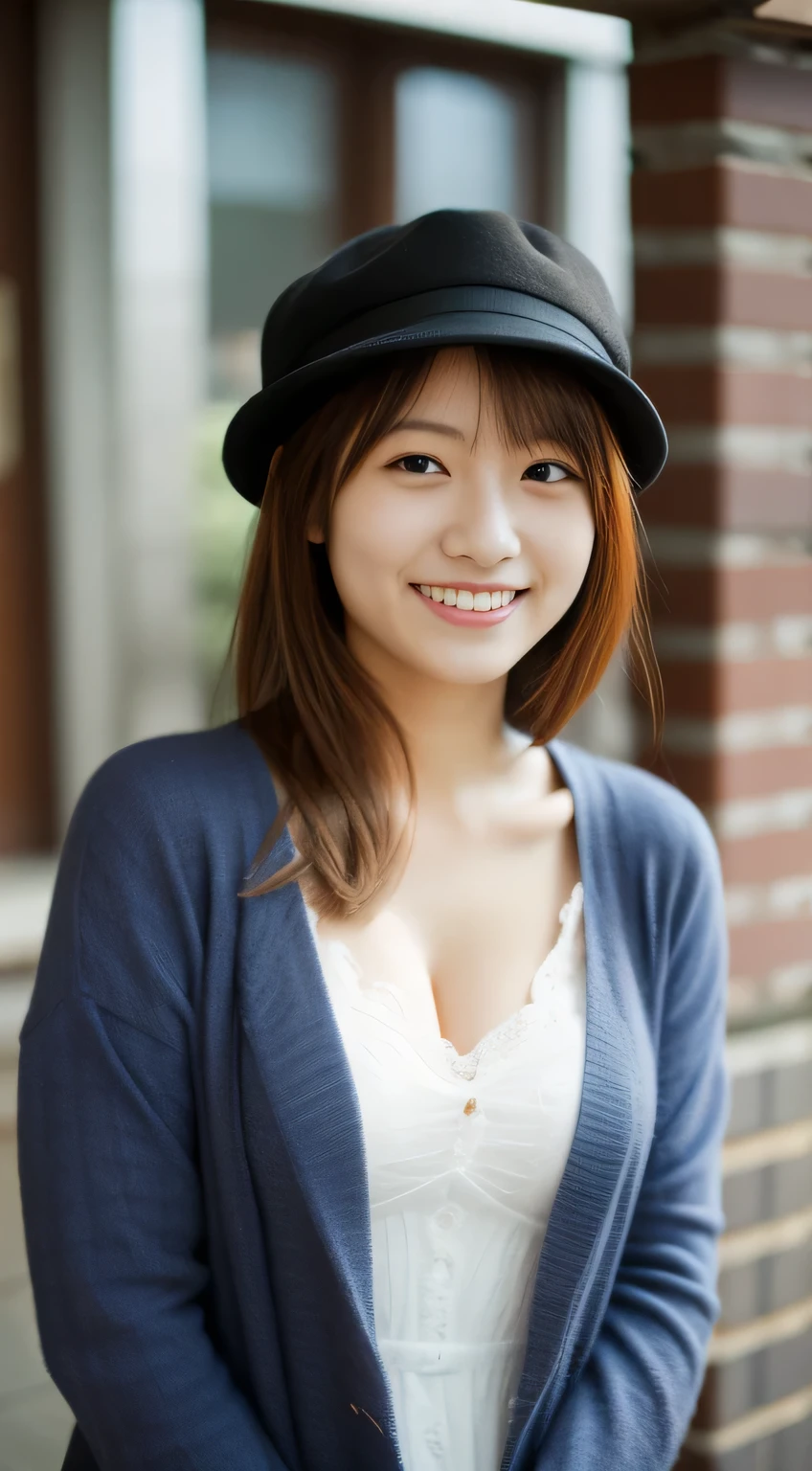 masterpiece,best quality,(Japanese ),((Beautiful girl)),cleavage,(perfect body beauty:1.2),(shy smile),beautiful teeth,(hat),(Blurred background of brick buildings),