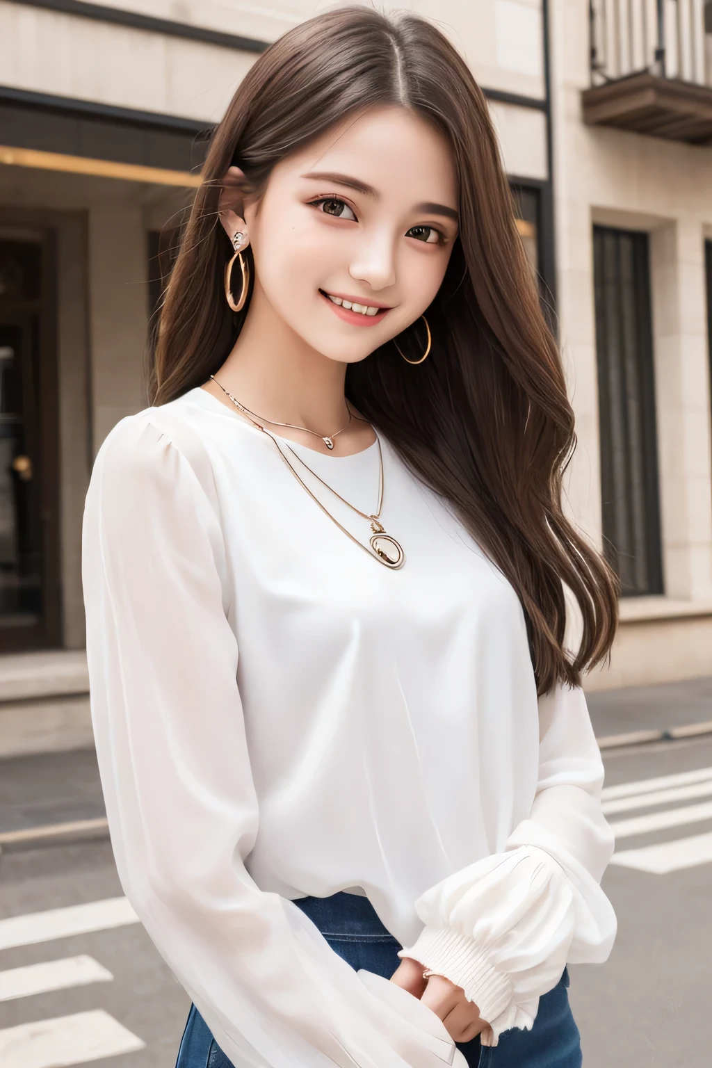 masutepiece, Best Quality, One girl, (a beauty girl, Delicate girl:1.3), (16 years old:1.3), Very fine eye definition, (Symmetrical eyes:1.3), ), (old clothes, old fashion:1.3),smile、Beautiful teeth alignment、Light brown hair、Long sleeve blouse、Ear piercing、necklace, The background is the building's corridor.