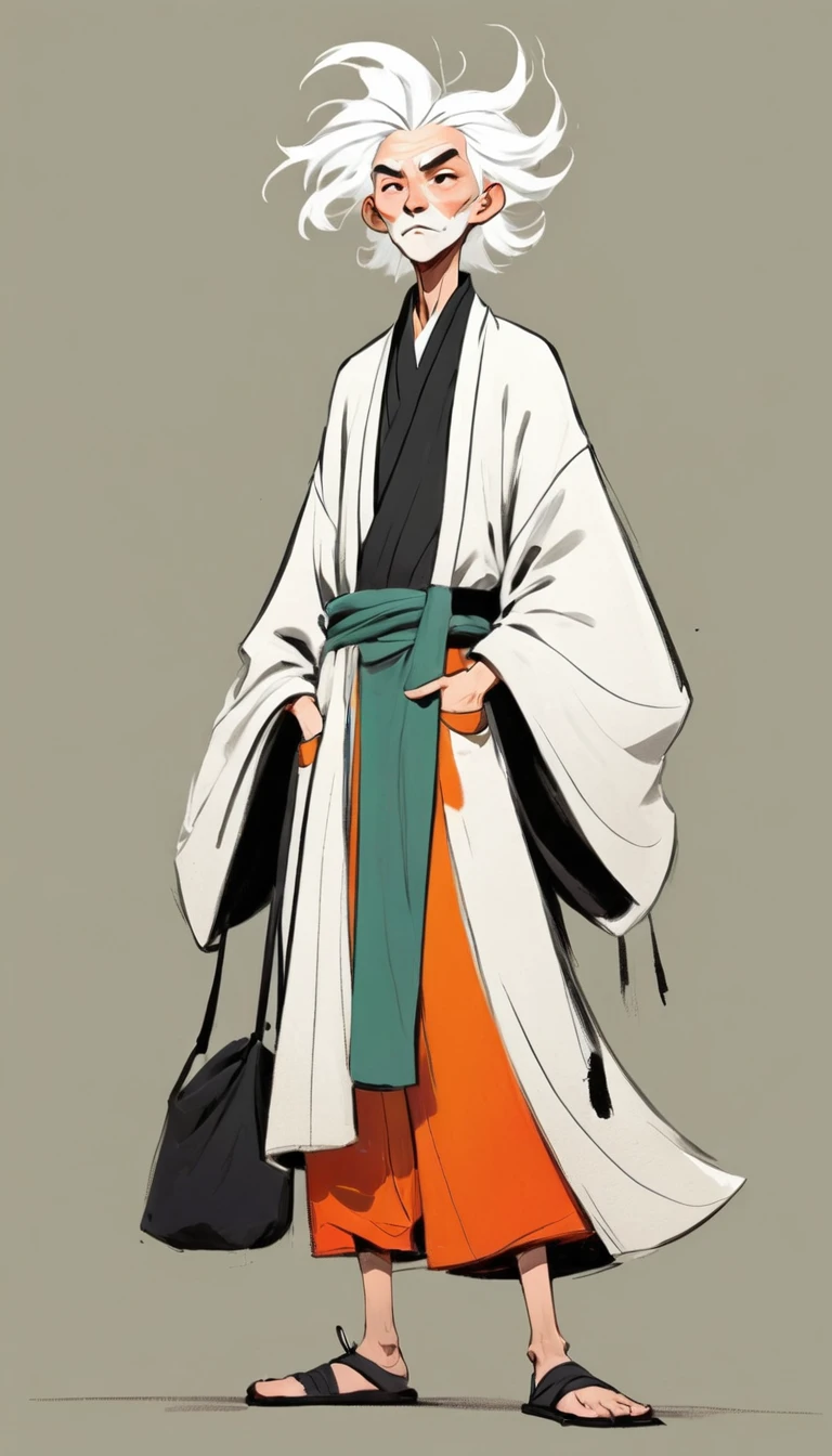 (((Exaggerated digital character sketches:1.37))).(White-haired Taoist,robe,Cloth bags),(Black sketch lines,Loose brushstrokes create the outline,Cartoon Style. Bright colors and simplified lines, sketch)。(Exaggerated body movements,Long legs),(fear)