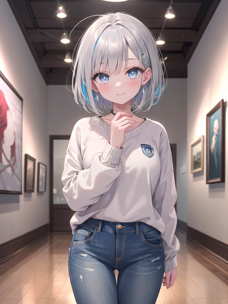 (8k, best quality, master piece: 1.2),super high resolution,1 girl, solo, ((colorshift eyes, hyperdetailed, expressive eyes)), ultra-detailed face, random hair, silver gray color, Ecstatic expression,She is admiring paintings in a quiet art museum. The high ceilings and beautiful paintings are in the background. She has silver bob hair and wears a casual sweater and jeans. She is smiling serenely at the camera.