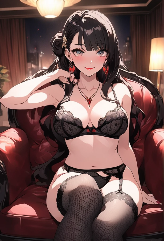 Fancy pink underwear　Soapland　Seductive look　Sexy Body　Clear Eyes　slightly round eyes　Sit on a plush chair　office lady　Japanese women　Manga illustration　Beautiful E Cup Breasts　the body is slim　Highest quality　4K Straight Hair　Reddish black hair　hair ornaments　necklace　Hotel room　Night view　Simple Background　Seductive pose　garter belt　　Earrings　　Fine details　Beautiful anime illustrations　Beautiful Face　alone　High resolution, One Girl, Highest quality, Attention to detail, Bright Eyes, Medium Hair, High heels