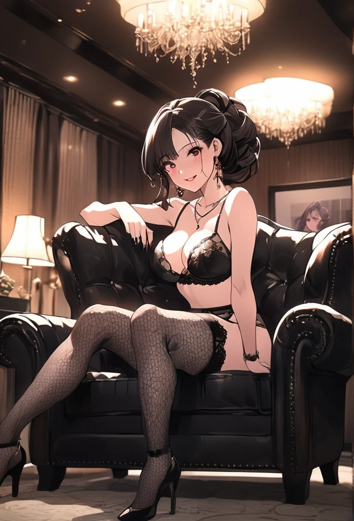 Lewd face　One hand lewdly touches the underwear between her legs　Shy and seductive look　A look of contempt　Sexy Body　Clear Eyes　Round eyes　Sit in a luxurious chair　office lady　Japanese women　Manga illustration　Beautiful and firm breasts　Beautiful E Cup Breasts　the body is slim　Highest quality　4K Chignon Hairstyle　Hair tied up　Medium Long Hair　Light brown black hair　hair ornaments　necklace　Hotel with a great night view　Simple Background　Seductive pose　garter belt　Black lace stockings　Earrings　　派手なnecklace　Fine details　Beautiful anime illustrations　Beautiful Face　alone　High resolution, One Girl, Highest quality, Attention to detail, Slightly parted lips　Seductive red lips　Professional, Vibrant colors, Perfect Anatomy, ideal facial features, 理想的なProfessionalポーションの図, Perfectly beautiful body, Highly detailed skin, Glowing Skin, Glowing Skin, Cleavage, Captivating smile)),Sexy see-through red and black underwear　Lace bra,Obscene red and black thong, (Attractive 30 year old Japanese widow,）High heels　Miss Soapland　Mature hot body　Sitting in a luxurious chair　Sparkle Effect, Anime Style, photograph, Attractive nail art　Dimly lit room　City night view from the window　Masturbation　Sex Appeal　