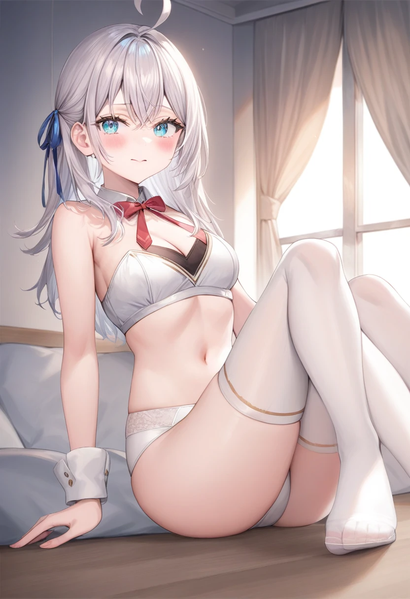 A girl, alisa mikhailovna kujo,tomorrow,alone, by the wide, Eyebrows visible through hair., hair between the eyes, silver hair, Ribbon on the right side for red hair, blue eyes, medium chest,white underwear,long white stockings, white underwear, without clothes See your viewers, of the highest quality, so beautiful