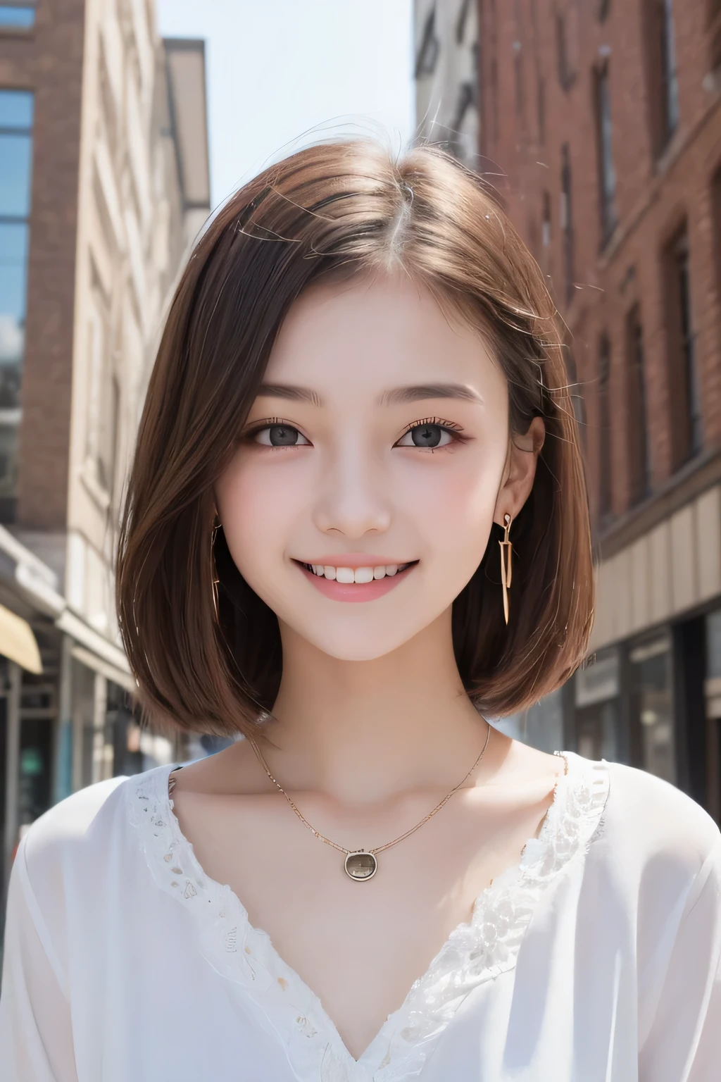 masutepiece, Best Quality, One girl, (a beauty girl, Delicate girl:1.3), (:1.3), Very fine eye definition, (Symmetrical eyes:1.3), ), (old clothes, old fashion:1.3),smile、Beautiful teeth alignment、Light brown hair、Long sleeve blouse、Ear piercing、necklace, The background is the building's corridor.