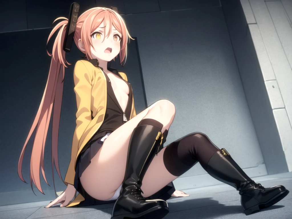 (masterpiece:1.2), best quality, unity 8k wallpaper, (beautiful detailed eyes:1.6), extremely detailed face, (Enju aihara, black_bullet, orange hair, twintails, orange eyes, hair ornament, yellow jacket, white shirts, black boots, short stature, small breast, solo,), sitting, spread legs, open-breast clothes, tron-breast clothes, cameltoe, no bra, show off nipple, lace white panties, very short skirt, lift skirt, vagina, embarrassed, low angle, noon, in the Church, open mouth,