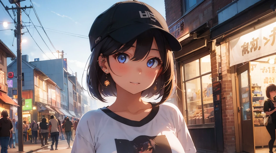 beautiful young woman, 1girl, portrait, street fashion, cap, print t-shirt, long bob haircut, piercings, detailed eyes, beautiful detailed lips, extremely detailed face, realistic skin, large breasts, blushing, charming expression, night, live house, standing