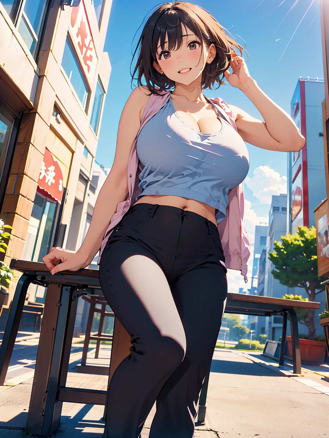 Tabletop, Highest quality, Realistic, In detail, High resolution, 8k wallpaper, Perfect dynamic composition, Beautiful attention to detail, (short Hair, Shiny hair, wave), Hair blowing in the wind, Big ample breasts, cleavage, Random pose, ((cute and thin jacket)), (cute and sexy tank top, Stylish black, pants)、(Breast bulge:1.3), Laughter, Cityscape, Walking around Tokyo, ((Sitting with legs spread wide)), 23 years old、(Droopy eyes)、Adult Beauty、Japanese, ((from below, Photo from a camera placed on the ground)),