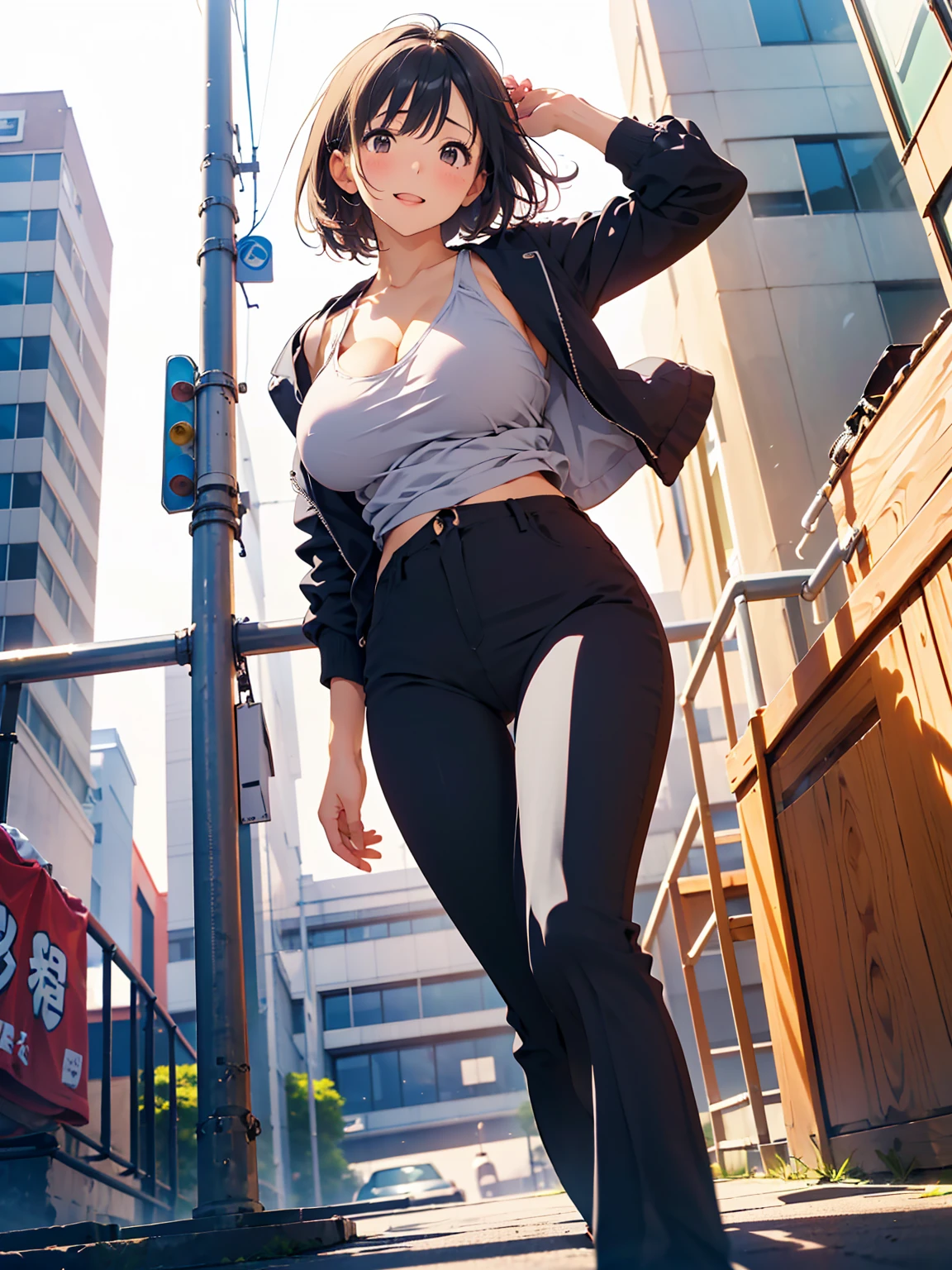 Tabletop, Highest quality, Realistic, In detail, High resolution, 8k wallpaper, Perfect dynamic composition, Beautiful attention to detail, (short Hair, Shiny hair, wave), Hair blowing in the wind, Big ample breasts, cleavage, Random pose, ((cute and thin jacket)), (cute and sexy tank top, Stylish black, pants)、(Breast bulge:1.3), Laughter, Cityscape, Walking around Tokyo, ((Sitting with legs spread wide)), 23 years old、(Droopy eyes)、Adult Beauty、Japanese, ((from below, Photo from a camera placed on the ground)),
