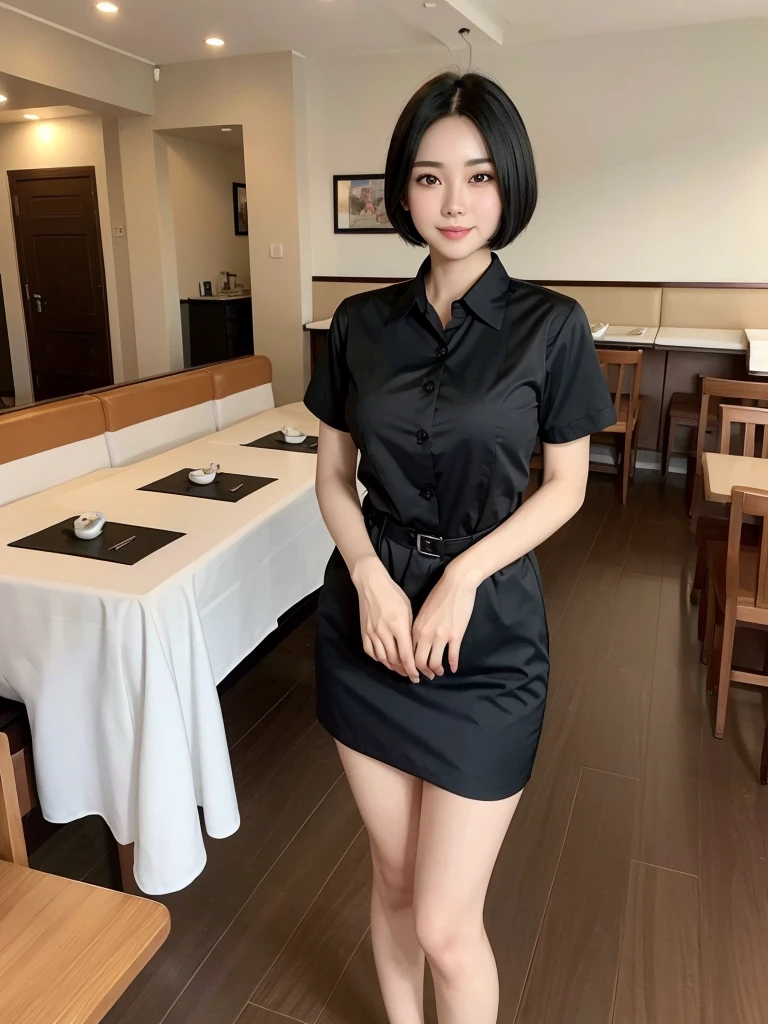 Highest quality、masterpiece、8k、Very detailed、Realistic、Looking at me with a smile、whole body、Black Hair、Short Hair、Small face、Slender、Big Breasts、Thin and beautiful legs、narrow and constricted waist,、(Family Restaurant Uniforms:1.2)