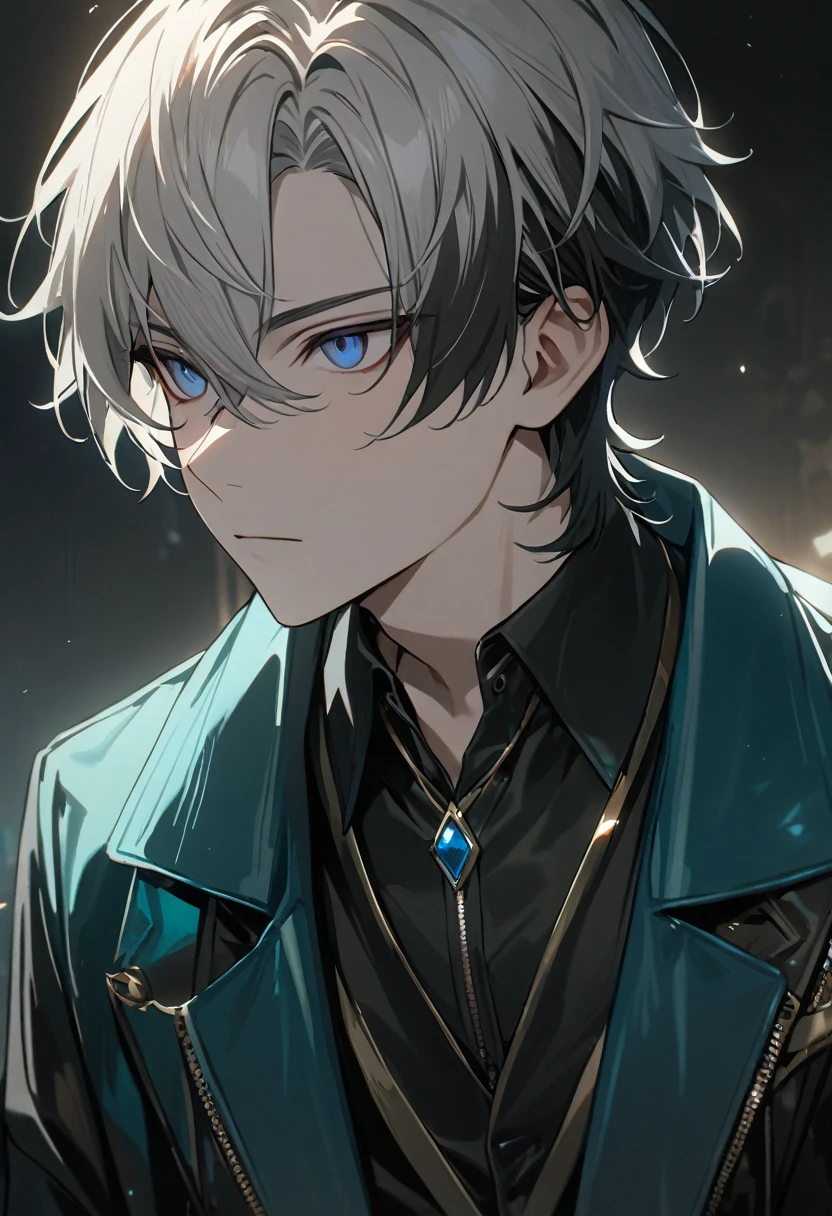 1 male, short hair, white hair WITH BLACK HIGHLIGHT, MULTICOLORED black Hair, blue eyes, aventurine clothes, (best quality,4k,highres,masterpiece:1.2), teenager, expressionless, emotionless. short hair