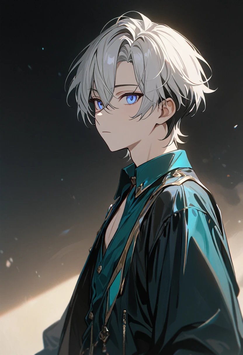 1 male, short hair, white hair WITH BLACK HIGHLIGHT, MULTICOLORED black Hair, blue eyes, aventurine clothes, (best quality,4k,highres,masterpiece:1.2), teenager, expressionless, emotionless. short hair