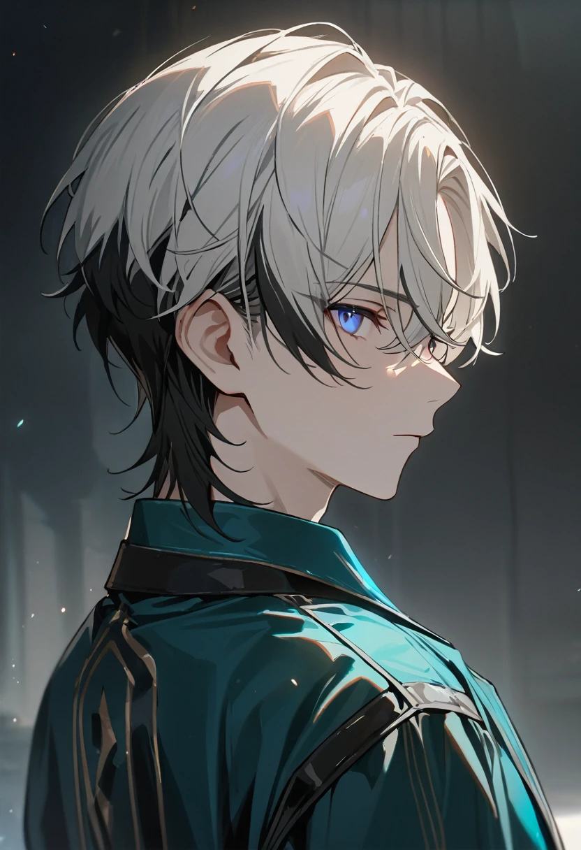 1 male, short hair, white hair WITH BLACK HIGHLIGHT, MULTICOLORED black Hair, blue eyes, aventurine clothes, (best quality,4k,highres,masterpiece:1.2), teenager, expressionless, emotionless. short hair