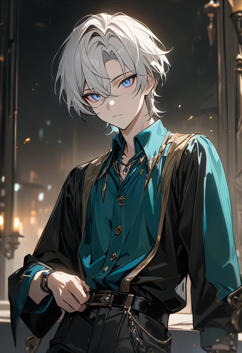 1 male, short hair, white hair WITH BLACK HIGHLIGHT, MULTICOLORED black Hair, blue eyes, aventurine clothes, (best quality,4k,highres,masterpiece:1.2), teenager, expressionless, emotionless. short hair