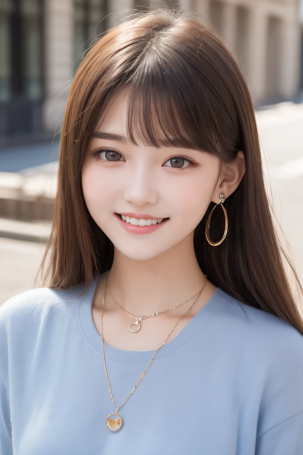 masutepiece, Best Quality, One girl, (a beauty girl, Delicate girl:1.3), (:1.3), Very fine eye definition, (Symmetrical eyes:1.3), ), (old clothes, old fashion:1.3),smile、Beautiful teeth alignment、Light brown hair、Long sleeve blouse、Ear piercing、necklace, , face focus、The background is the building's entrance