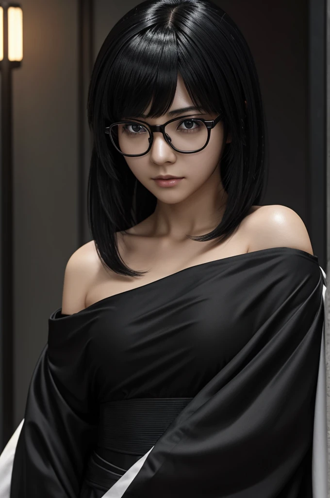 A character from the anime Demon Slayer, with nape-length black hair with shoulder-length front and bangs, shiny black eyes and glasses, feminine traits