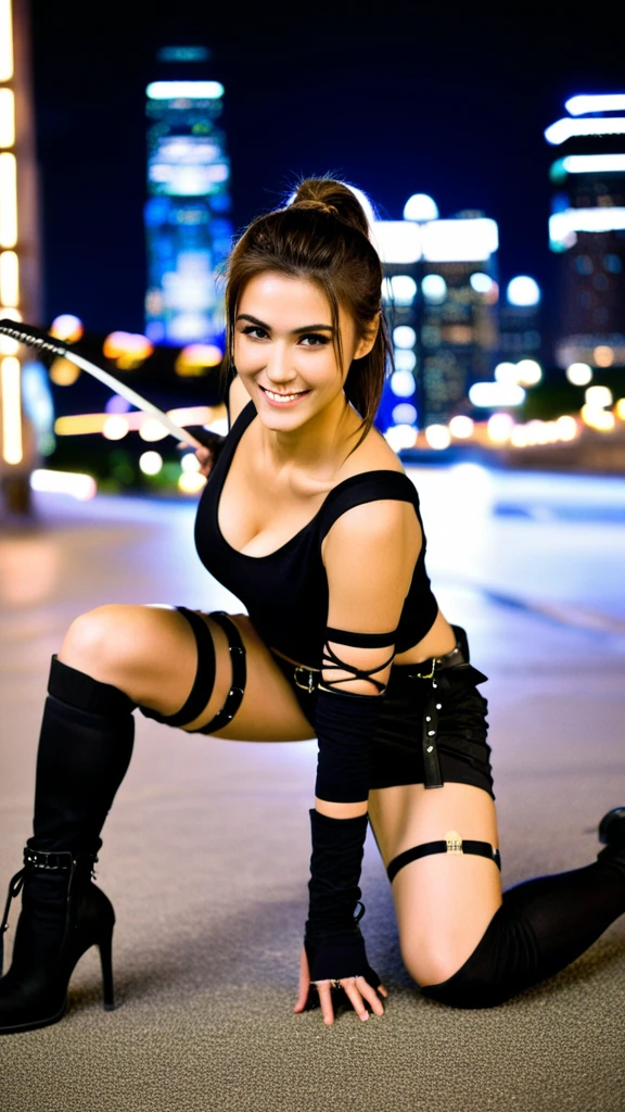 (((masterpiece))),((high quality)),((intricate details)),((photorealistic)),32k,
Professional lighting,(professional photography),
Sharp focus (highly detailed),
Vivid saturation,
,
Beautiful girl (ninja) with sexy body,perfect anatomy,shiny skin,fine skin,well-defined face,perfect eyes,captivating eyes,slender fingers,perfect beautiful hands,beautiful hair,slim waist,slim arms,slim legs,(big breasts: 1.1),
,
Shot in a big city at night,
Short hair,
Ninja costume with matte fabric embroidery,ninja sword gloves,(matte black fabric shorts: 1.2),(matte black fabric spats: 1.2),braided boots,
Toothy smile