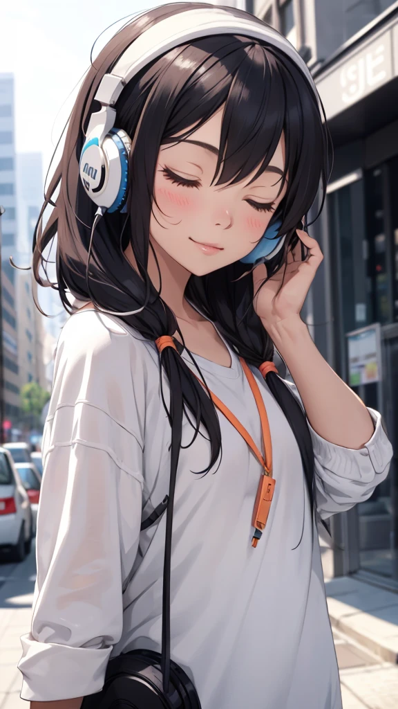 ose-up, a girl with headphones, eyes closed, slight smile