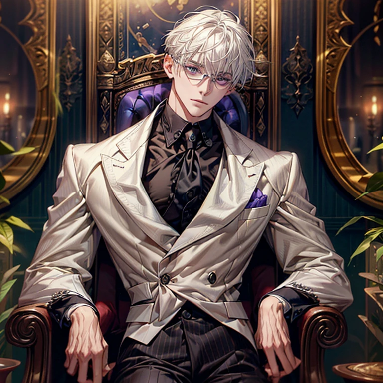 (expression: Gentle)、(Mouth: Smile)、(Eyes looking into the camera, uncle, middle aged male tall, masterpiece, best quality, lifelike, 1 boy, alone, male focus, looking at the audience, , (beard: Goatee), An attractive and refined man with white hair, dressed in a sleek white double-breasted suit jacket, purple tie with a blue double-breasted waistcoat, black leather gloves, and paired with purple eyes that seem to peer into one's soul, sportive glasses that add a scholarly touch to his demeanour. His tall and lean figure is both commanding and graceful, exuding an aura of professionalism and approachability. Despite his powerful psychological abilities, he remains ethical and uses his skills to help others. masterpiece, best quality, hyper-detailed, intricate detail, professional photography, matte, bright, the most beautiful ever seen, post processing, dramatic lighting, ambient lighting, epic composition, ultrawide shot, uplight, raytracing reflections, depth of field, gorgeous background
