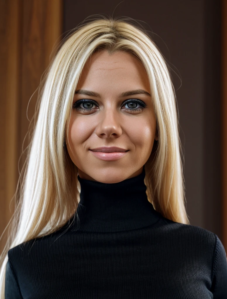 A stunning intricate full color portrait of **** blonde, wearing a black turtleneck, epic character composition, by ilya kuvshinov, alessio albi, nina masic, sharp focus, natural lighting, subsurface scattering, f2, 35mm, film grain, 
 1girl, long hair,   looking at viewer,  smile,         closeup, (happy:0.2),  
(sfw:1.2),  (photorealistic:1.2)
   