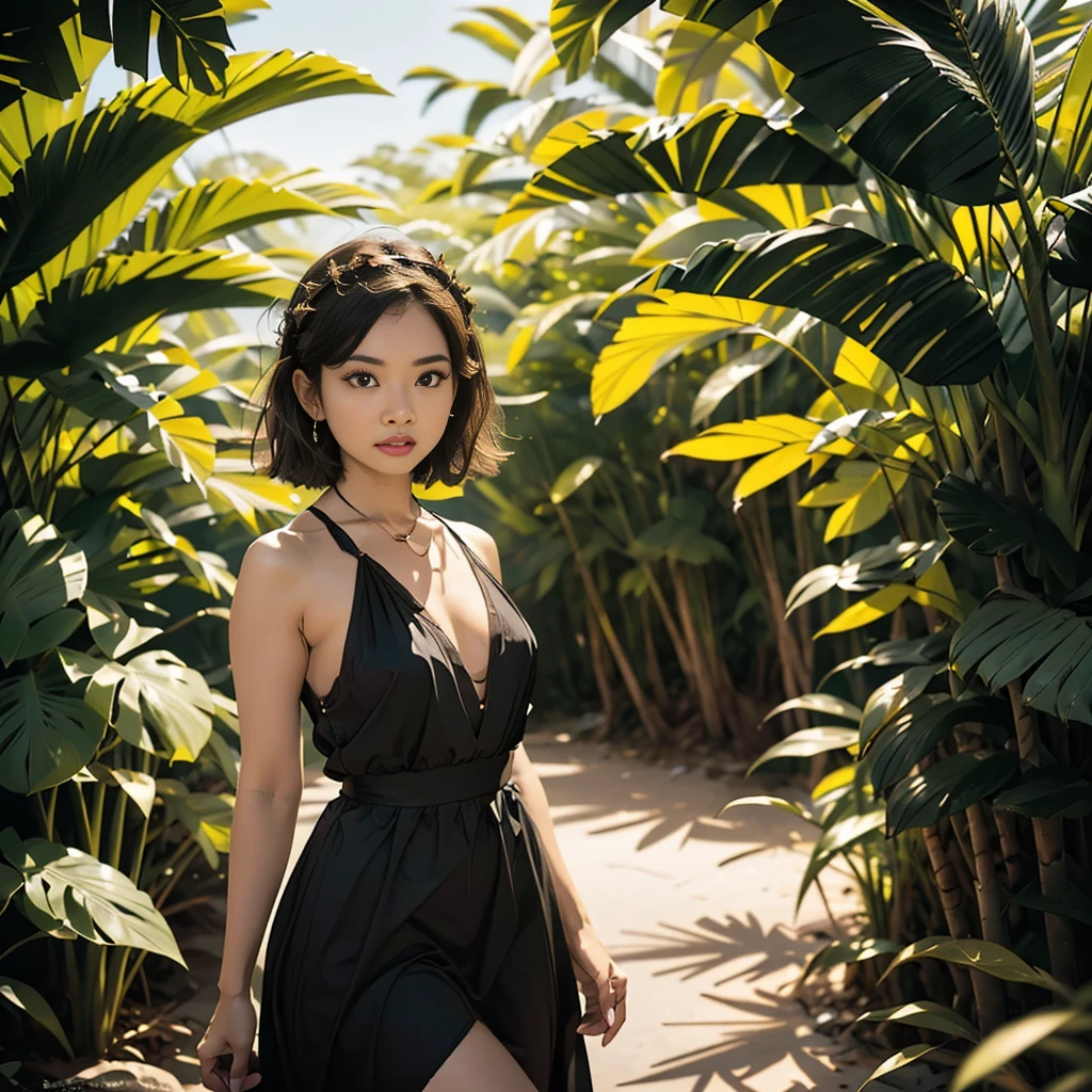 niji、eyesgod、（Jungle Adventure：1.5）、In the mangrove forest(Running with motion blur effect)、Wearing a black dress＿A woman like a leopard:1.9、Surprised expression、Photographed from the front、Cowboy Shot、Lush tropical foliage、Dramatic lighting、Cinematic composition、Very detailed、Photorealistic、8k、masterpiece